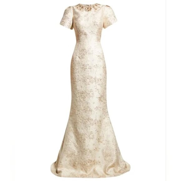 NWT Teri Jon Rickie Freeman Gold Beaded Jacquard Trumpet Gown Size 2 - Picture 12 of 12